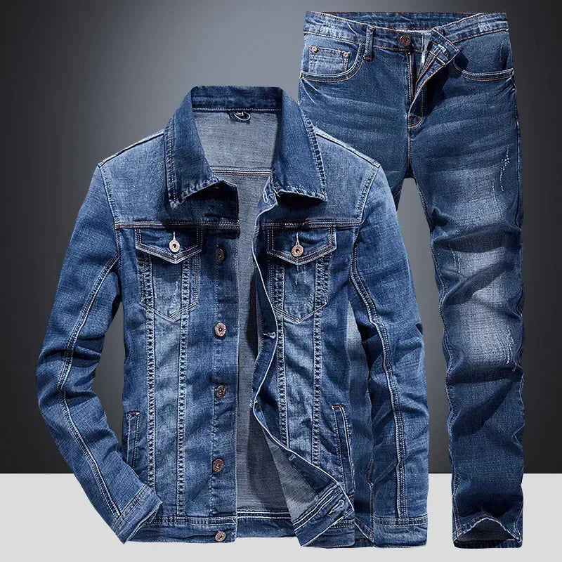 Denim Suit Men's Slim Micro-stretch Two-piece Spring And Autumn Jacket Jeans Suit