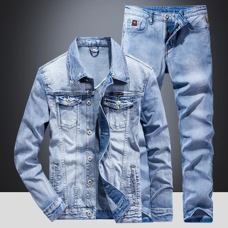 Denim Suit Men's Slim Micro-stretch Two-piece Spring And Autumn Jacket Jeans Suit