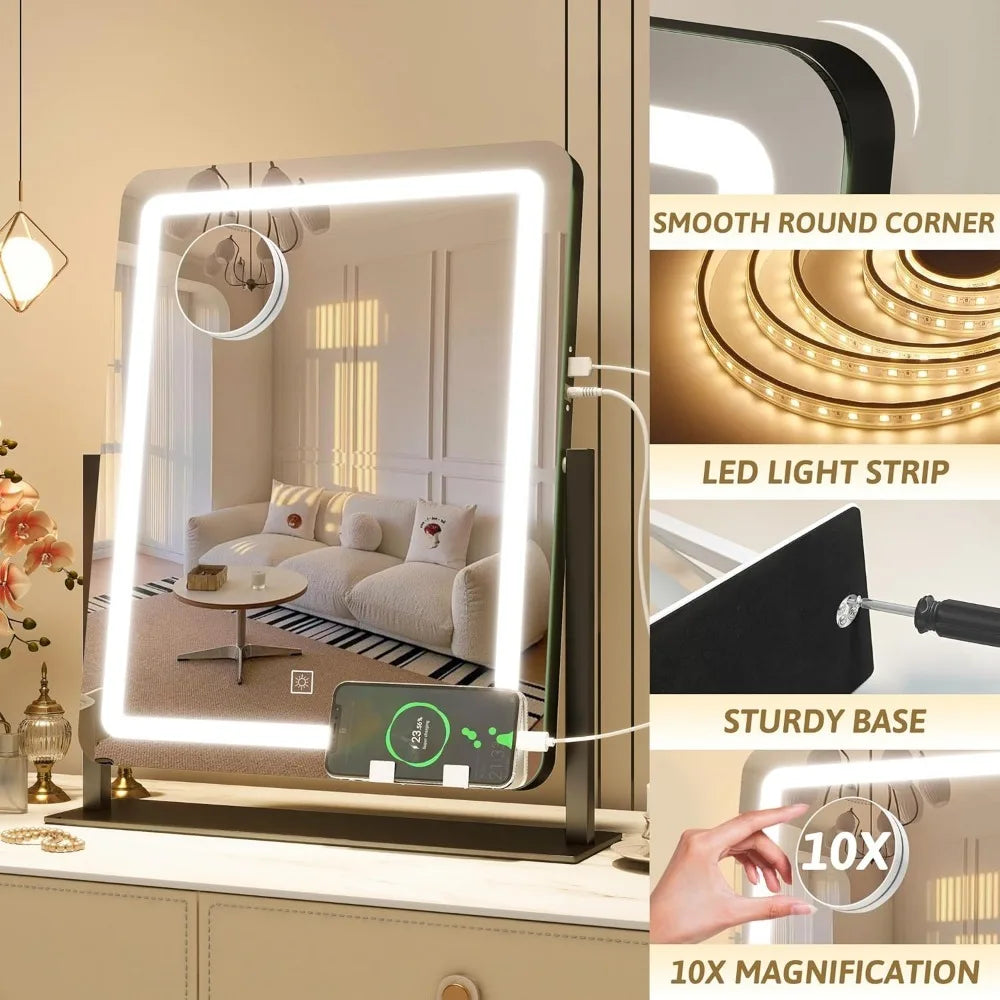 Hollywood Vanity Mirror with Lights, 18 Dimmable LED Bulbs, 3 Color Modes, 10X Magnification, USB Charging Port