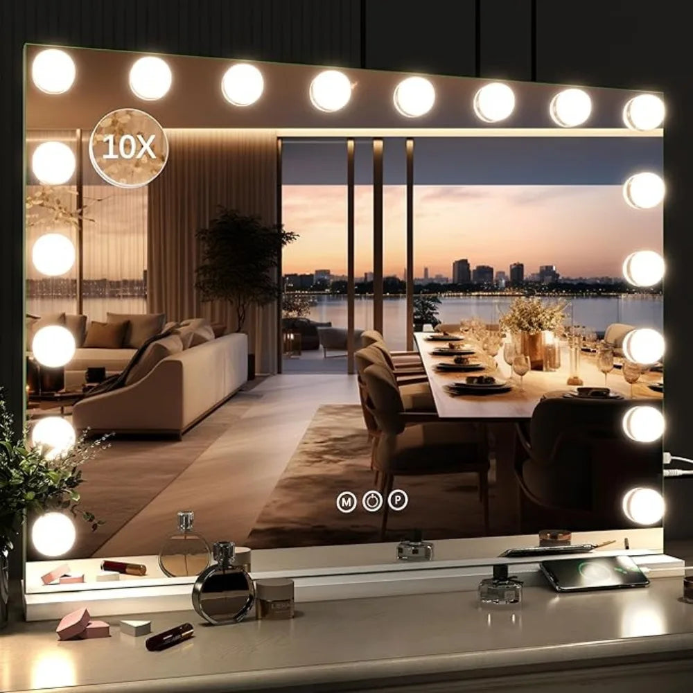 Hollywood Vanity Mirror with Lights, 18 Dimmable LED Bulbs, 3 Color Modes, 10X Magnification, USB Charging Port